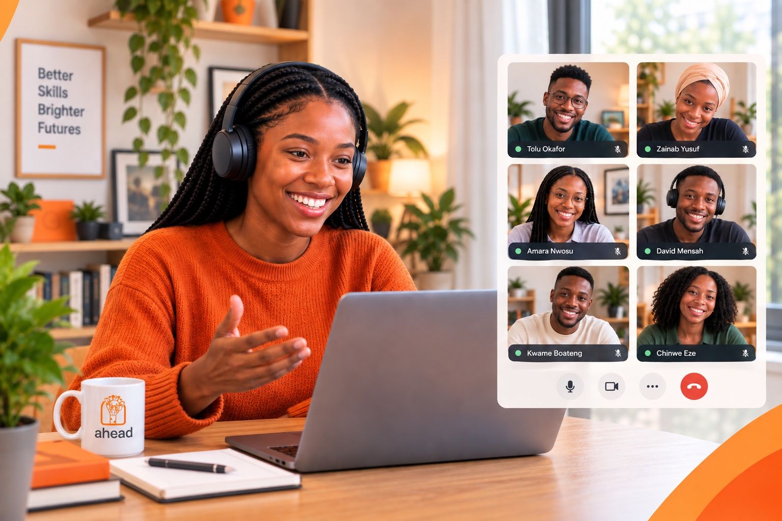 An AHEAD learner on a video call with six cohort peers, an AHEAD mug on the desk beside her laptop.