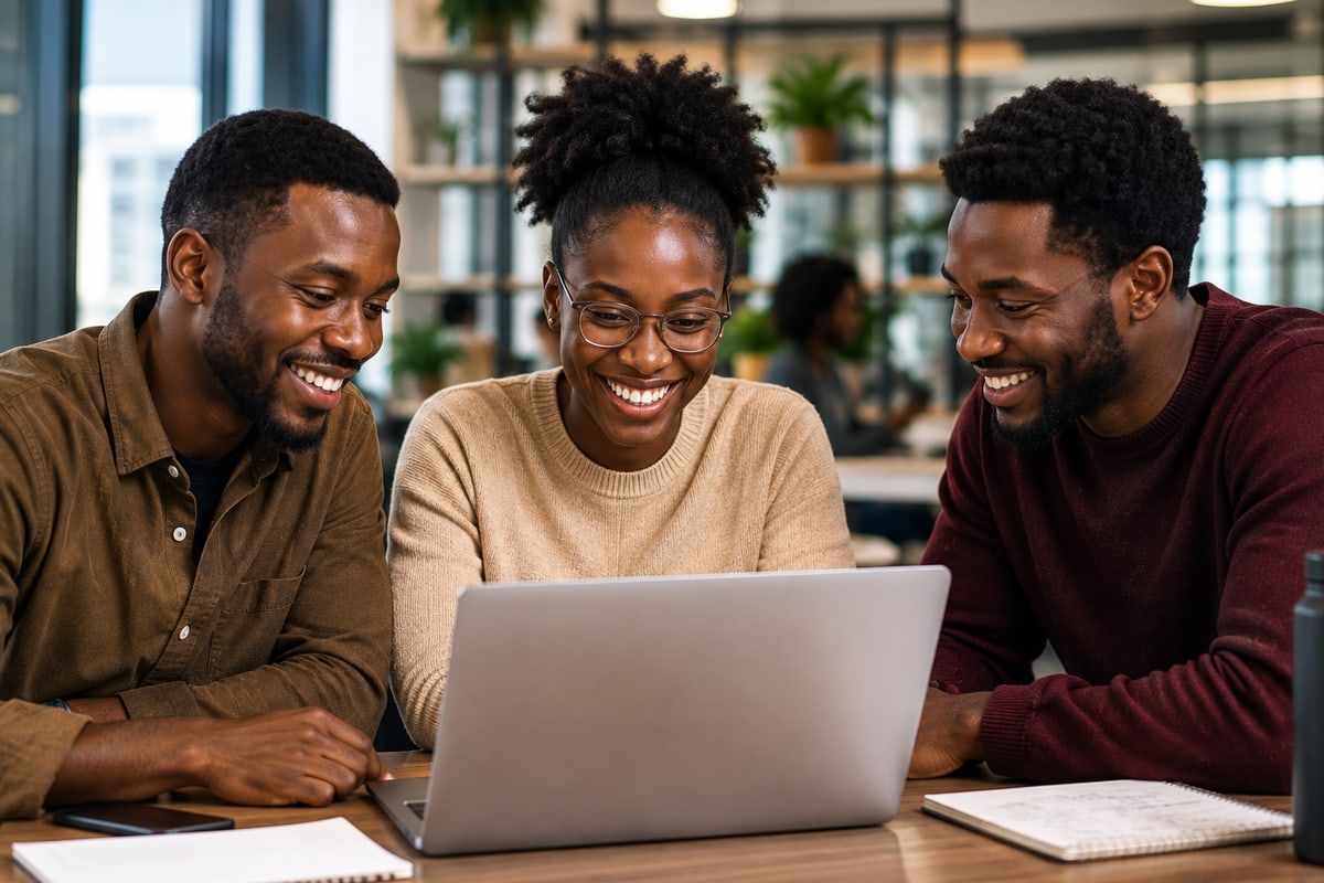 Trois personnes apprenantes d’AHEAD assises ensemble à un bureau dans un espace lumineux, souriantes devant un même ordinateur portable, avec des carnets ouverts sur la table.