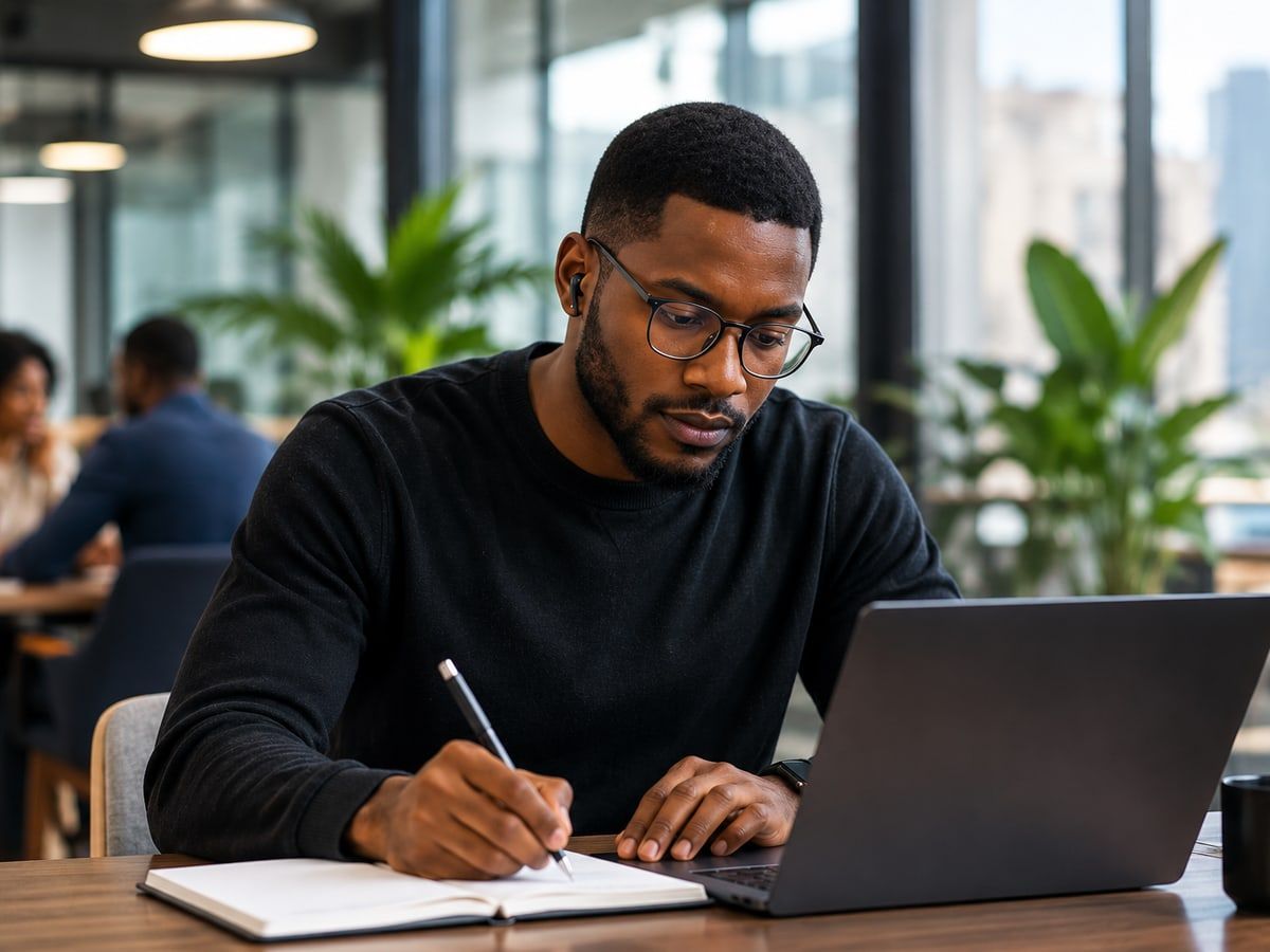 Une personne apprenante d’AHEAD travaille sur un ordinateur portable dans un bureau partagé, prenant des notes à la main dans un carnet ouvert, avec des collègues attablés en arrière-plan et une ligne d’horizon urbaine par la fenêtre.